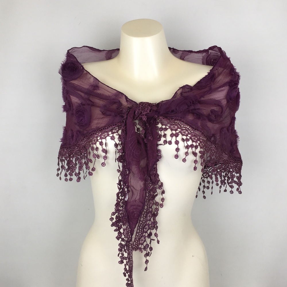 Victorian Chiffon Triangle Shawl Scarf Purple Floral Crochet Fringe Trim Sheer